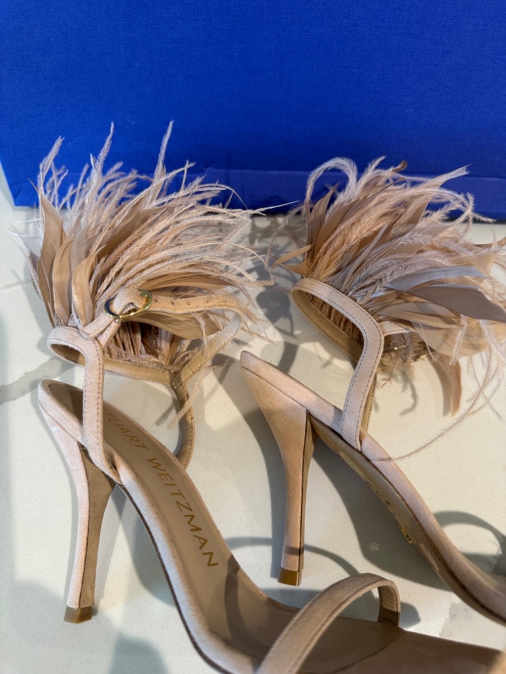 Stuart Weitzman Feather Ankle-Strap Stiletto Sandals 6